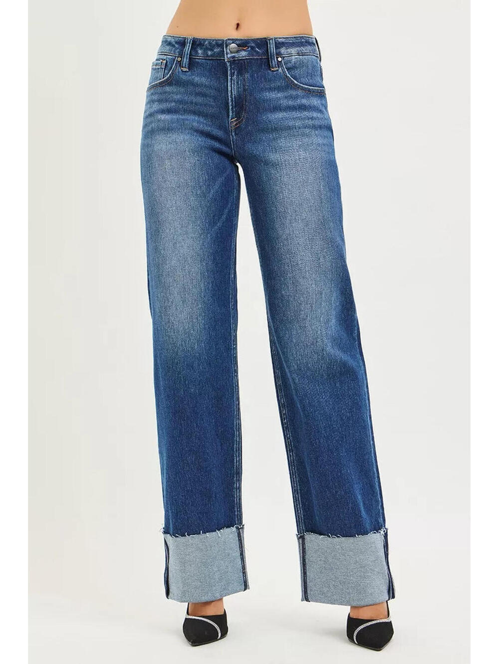 RISEN Mid Rise Wide Straight Jeans With Wide Cuff